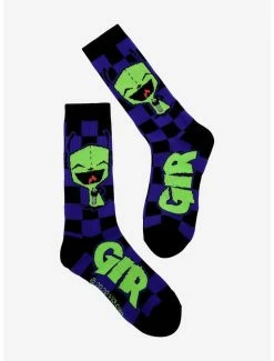 Brand new ✔️ Invader Zim GIR Purple & Black Checkered Crew 🧦 Socks 🎁